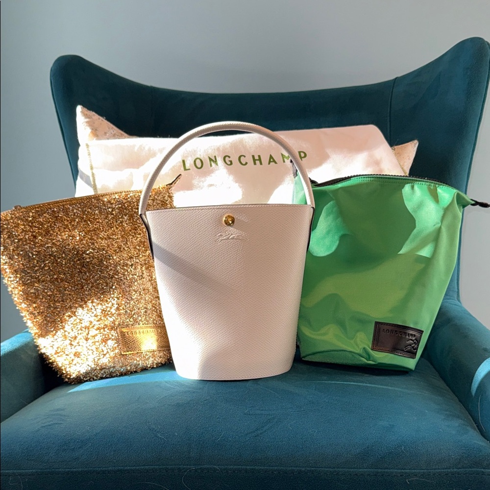Longchamp Cream Bucket Bag with Gold and Green pouches.  No longer available!